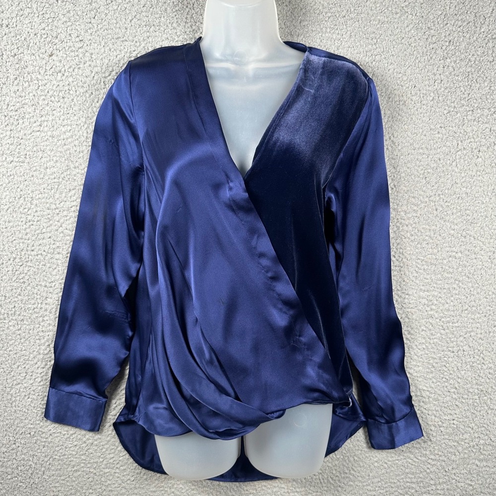Sundance Blended Paths Silk Velvet Blouse Women'a S Navy Faux Wrap Boho Luxury - Picture 15 of 16